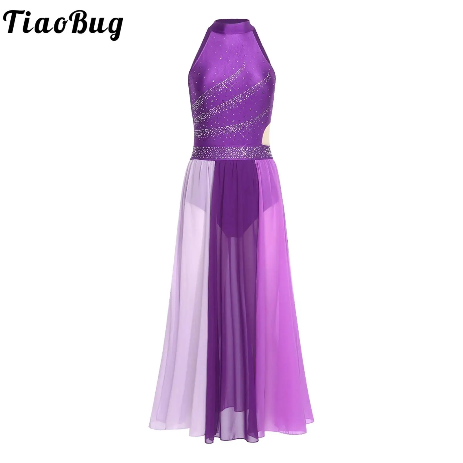 

Women Figure Skating Lyrical Modern Contemporary Dance Dress Performance Costume Rhinestones Side Split Mesh Dress Dance Costume