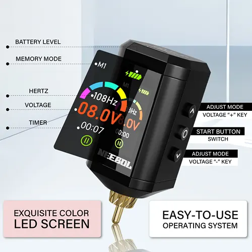 Imagen 2 del producto Batería de tatuaje inalámbrica Neebol con pantalla a color, fuente de alimentación de tatuaje inalámbrica, conector RCA, 3 modos de memoria, fuente de tatuaje
