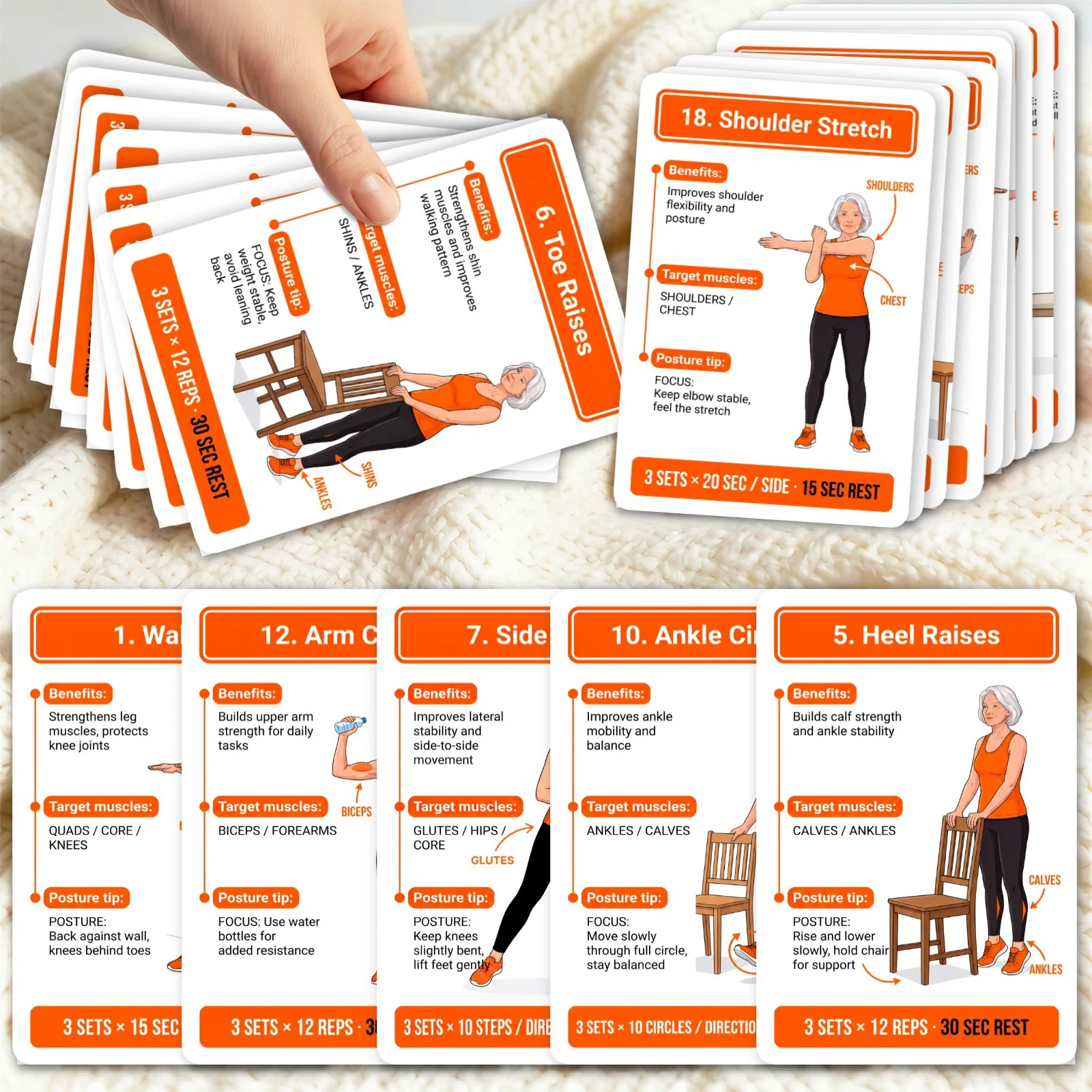 18Pcs Senior Fitness Guide Cards Illustrated Exercise Moves Home Workout Portable Paper Reference Cards