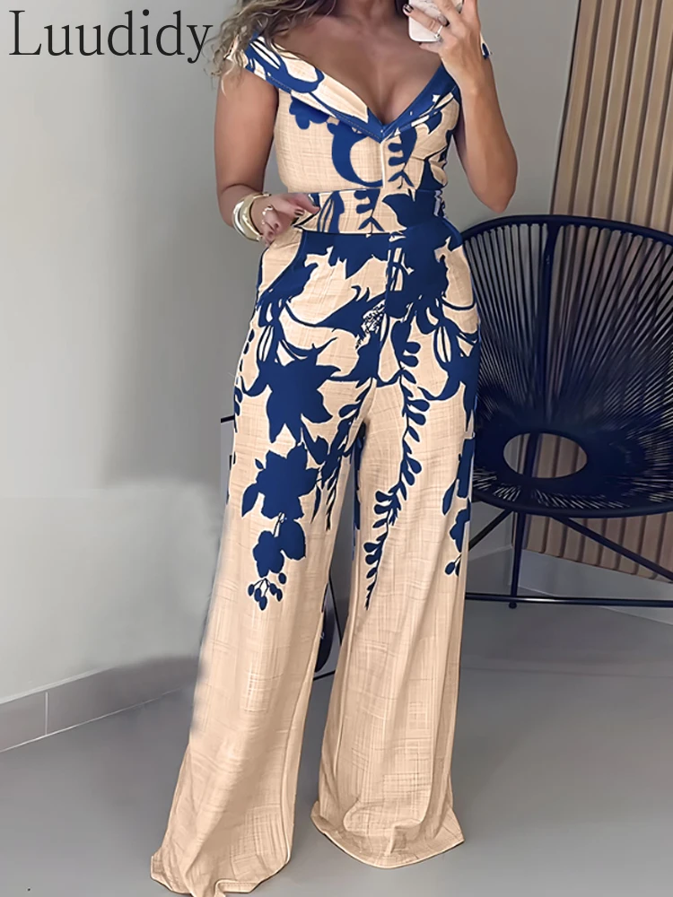 

Floral Print Off Shoulder Sleeveless Deep V-Neck Jumpsuit Casual Zipper Side Wide Leg Jumpsuit
