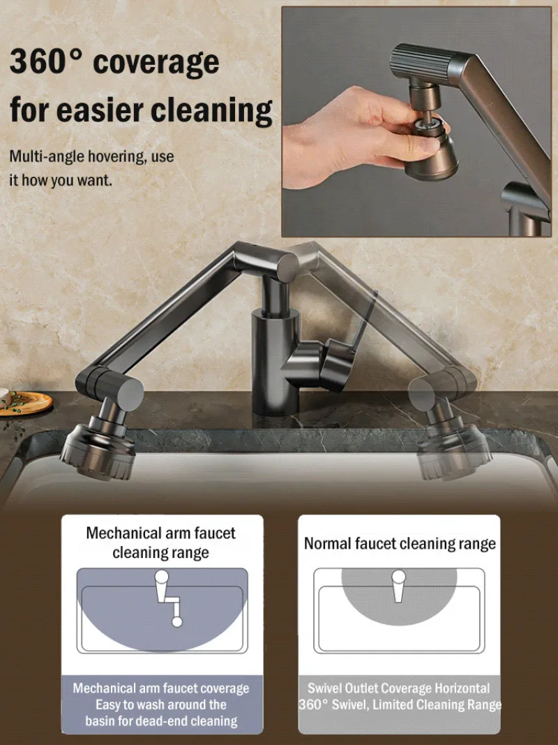 Mechanical Arm Universal Faucet Kitchen Splashproof 1080°Swivel Faucet Bathroom Foldable And Retractable Faucet Accessories