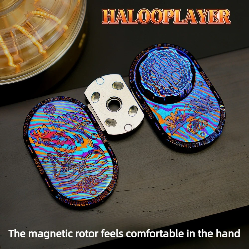 HALOOPLAYER EDC Sea Shark Rhythm, Juguete Mecánico de Titanio Damasco de Edición Limitada, Tipo Push-and-Rotate