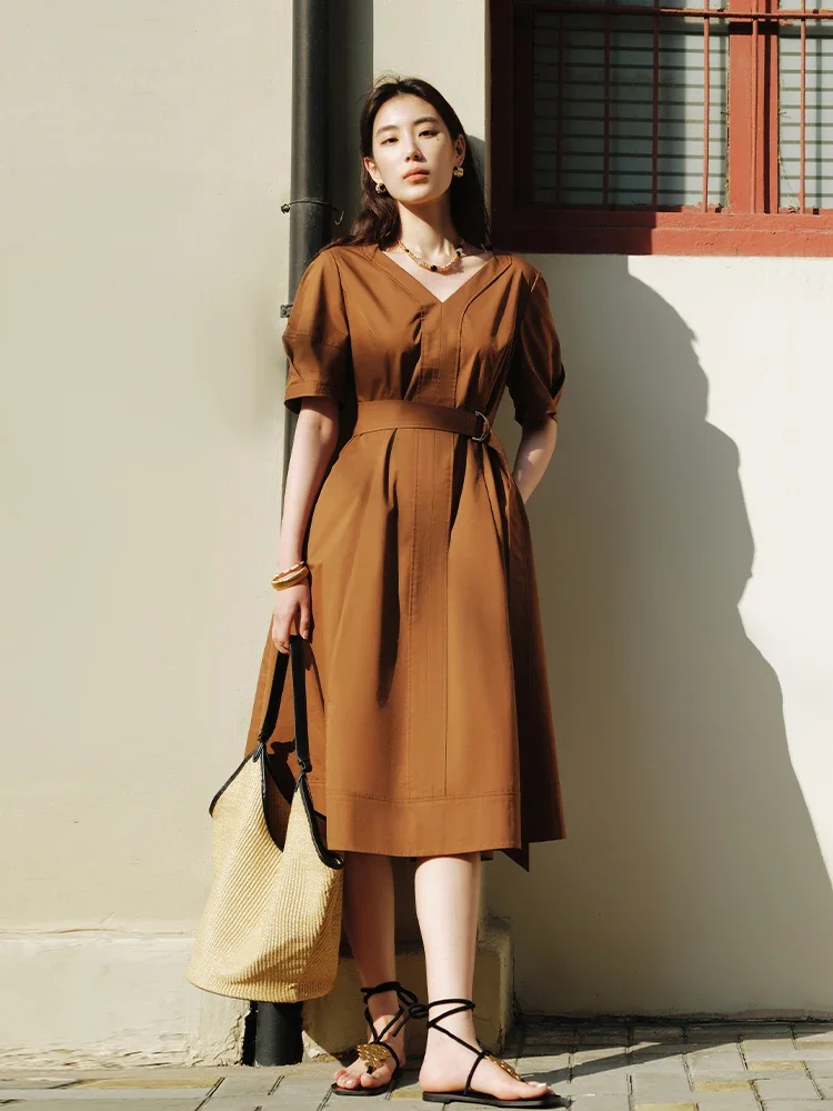 DUSHU French Style V-neck High Waist Commuting All-Match Women Dress 2024 Summer New Temperament Elegant Female Dress 24DS82404