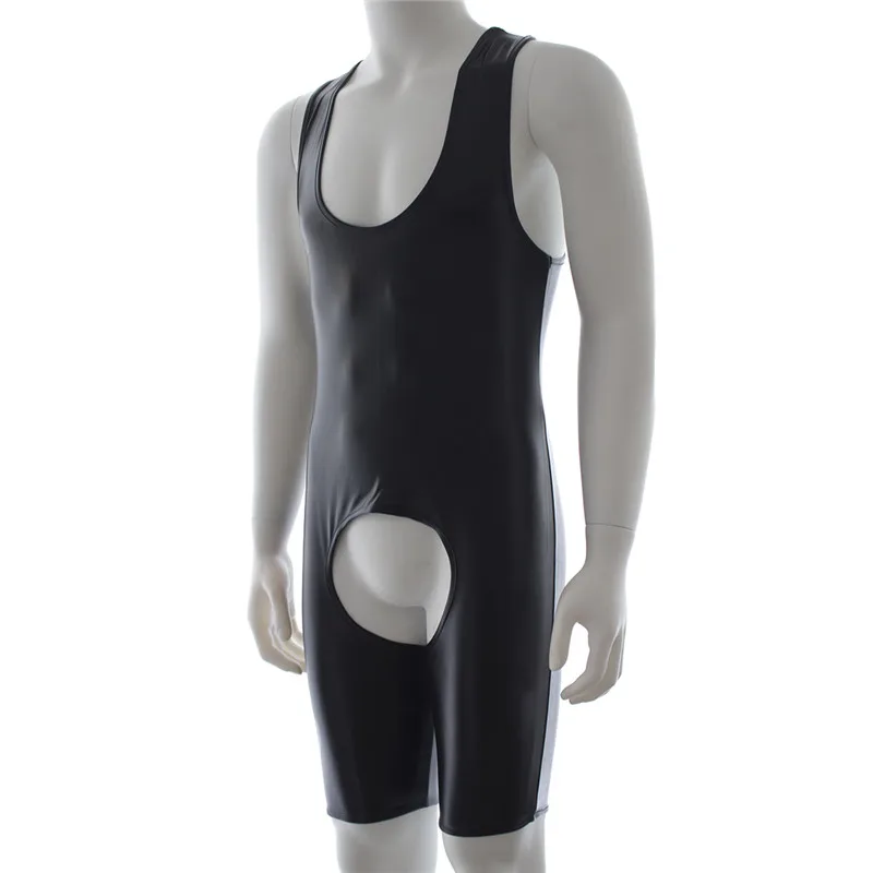 Body erótico sin mangas con entrepierna abierta BF para pareja, disfraz de club nocturno, Catsuit masculino, mameluco de piel sintética, mono ajustado sin entrepierna