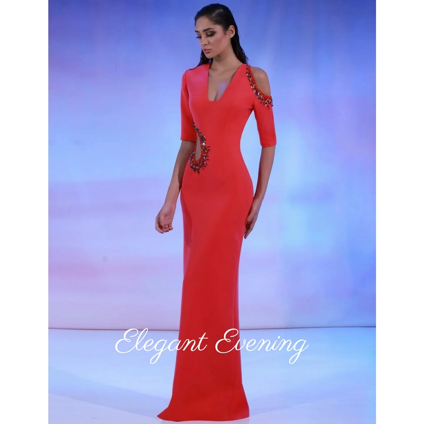 

Elegant Orange Crystal Evening Dresses V-Neck Customized Exquisite Jersey Prom Dress Formal Occasion Party Gowns Wedding Dress