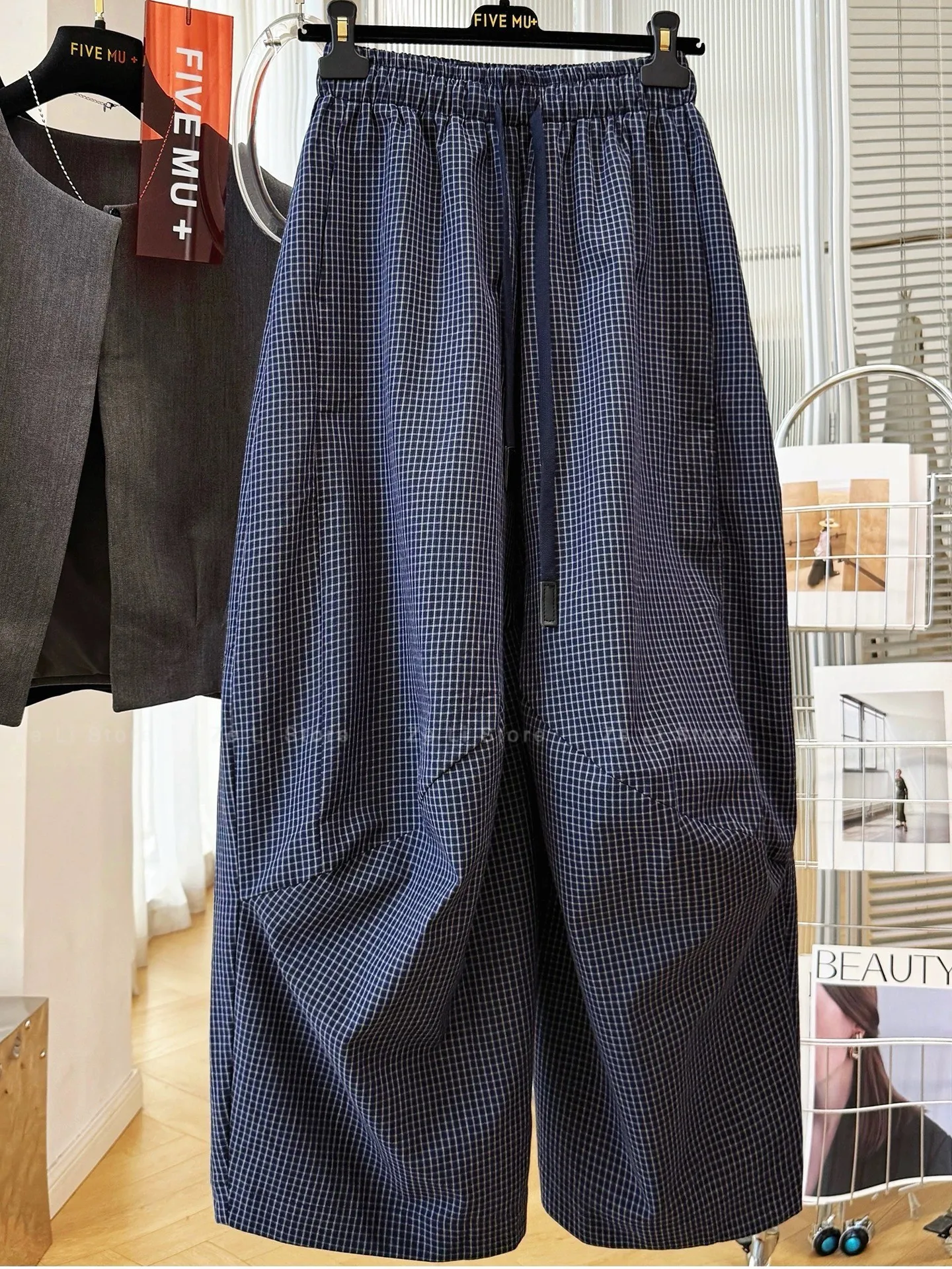 

Comfortable Vintage Small Plaid Loose Wide Leg Casual Pants Women Spring Summer Thin Natural Waist Long Artistic Style
