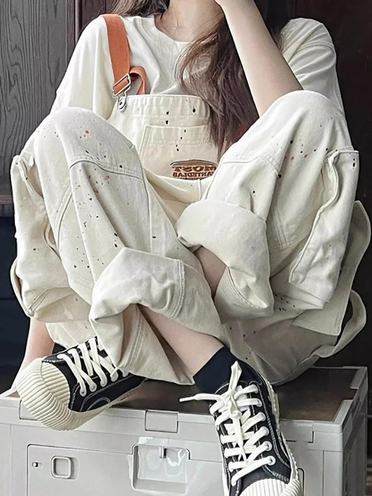 

Модные белые джинсовые комбинезоны с эффектом брызг для женщин, летние тонкие широкие брюки в стиле ретро, рабочая одежда, с высокой талией, повседневные, стильные