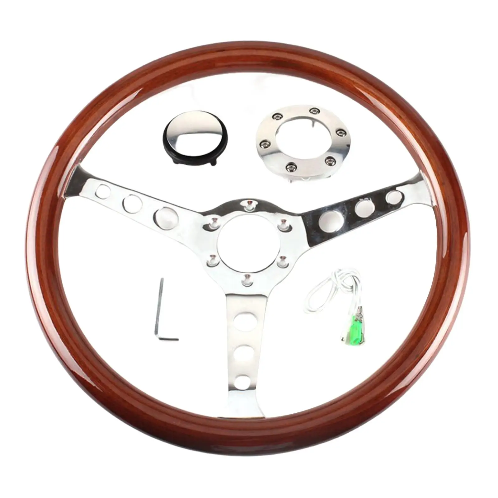 Boat Steering Wheel w/ Polished Chromed ABS Spoke & Center Inserts Keyed Hub，Hardwood Steering Wheel Classic Style