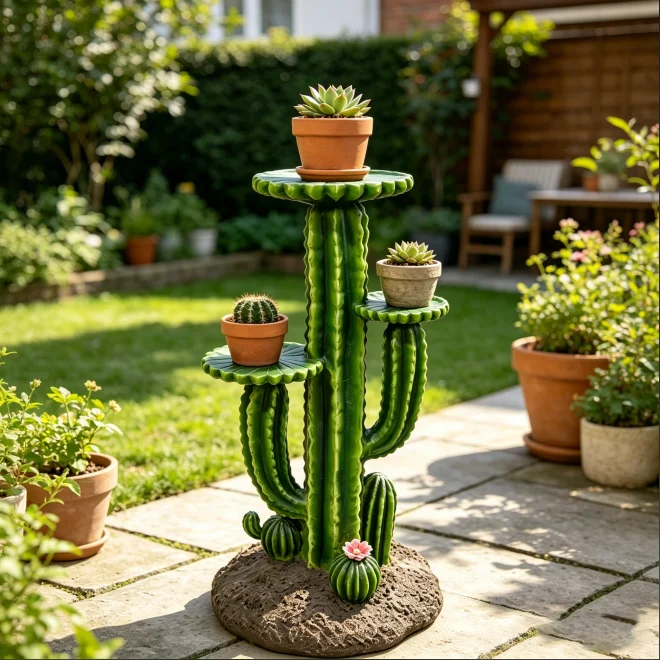 32'' Resin Saguaro Cactus Plant Stand, 3-Tier Outdoor Garden Decor, Weatherproof Multi-Tier Flower Pot Holder & Succulent Display Rack for Patio Yard