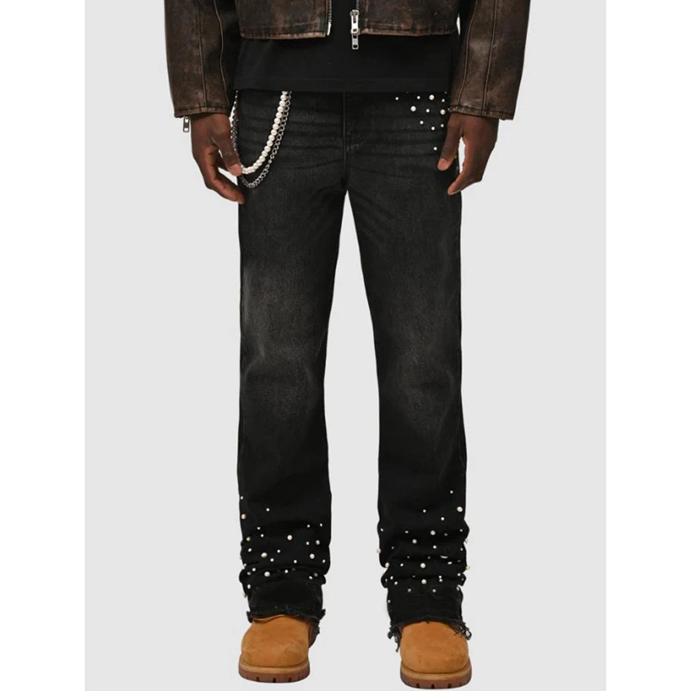 

Женские джинсы Combhasaki с жемчужным декором и металлической цепочкой с бисером, модные повседневные прямые джинсовые брюки с высокой талией и карманами