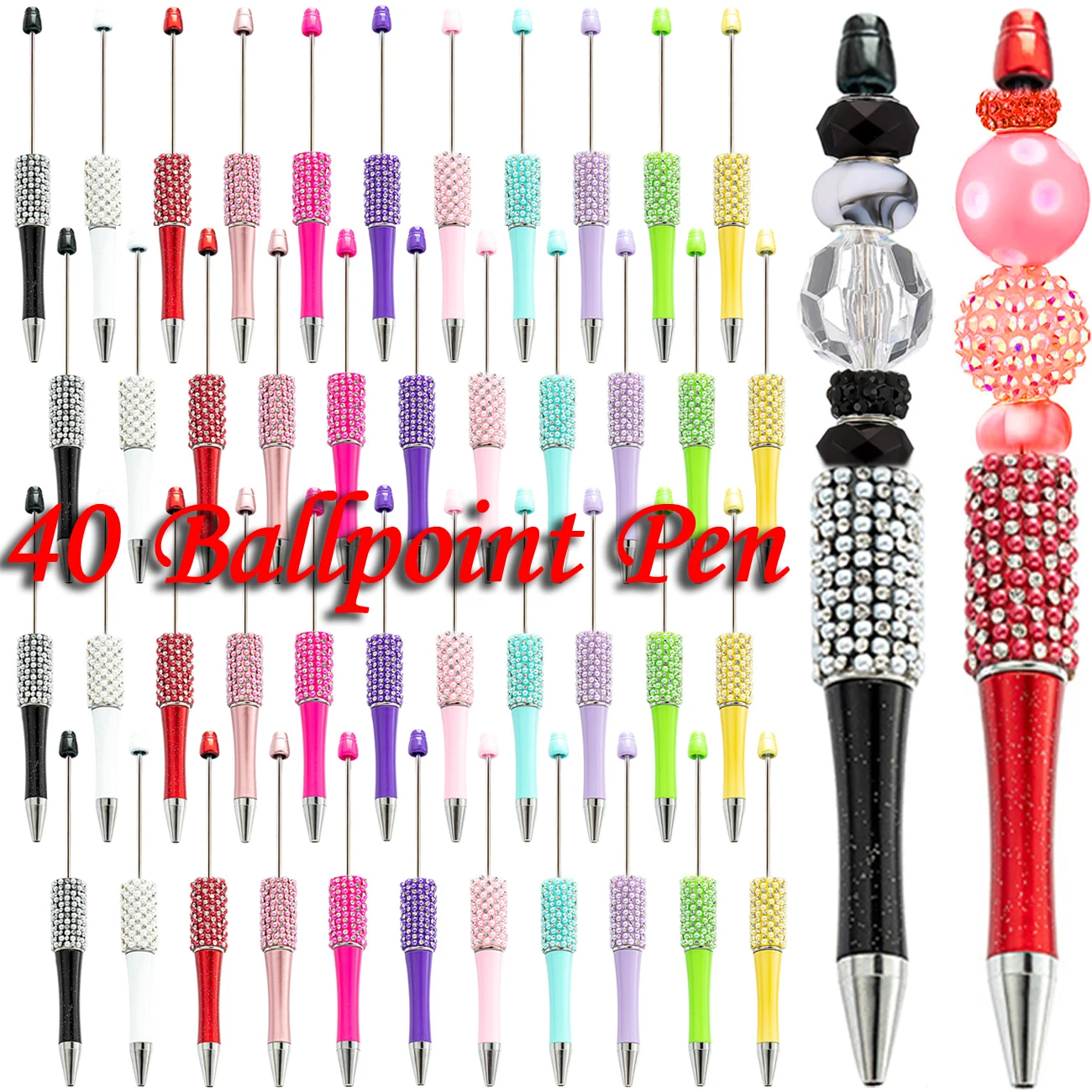 

40Pcs Diamond Beaded Pen Wholesale Creative DIY Plastic Glitter Beaded Ball Pen Handmade Stick Diamond Beaded Pens for Writing