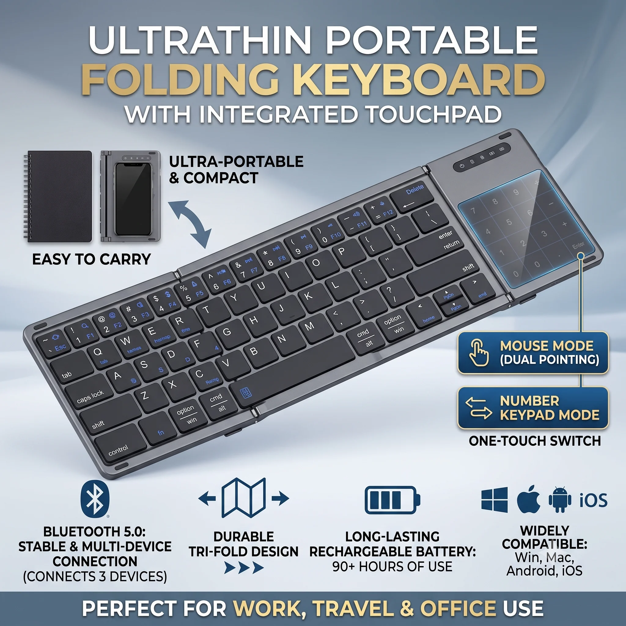 Wireless Foldable Keyboard Ultra Slim Touchpad Bluetooth Keyboard Rechargeable Folding Keyboard for Tablet Laptop