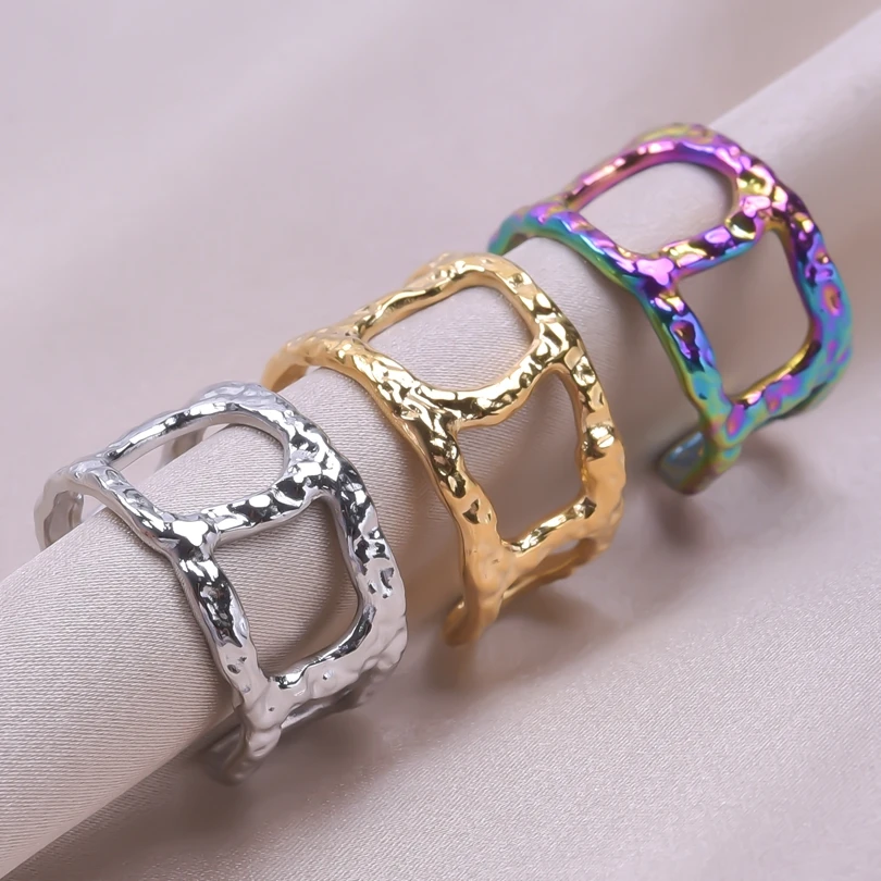 1/3Pcs Stainless Steel Stylish Irregular Hollow Multi-Layer Personality Chunky Open Rings Punk Textured Men Wide Anillos Jewelry