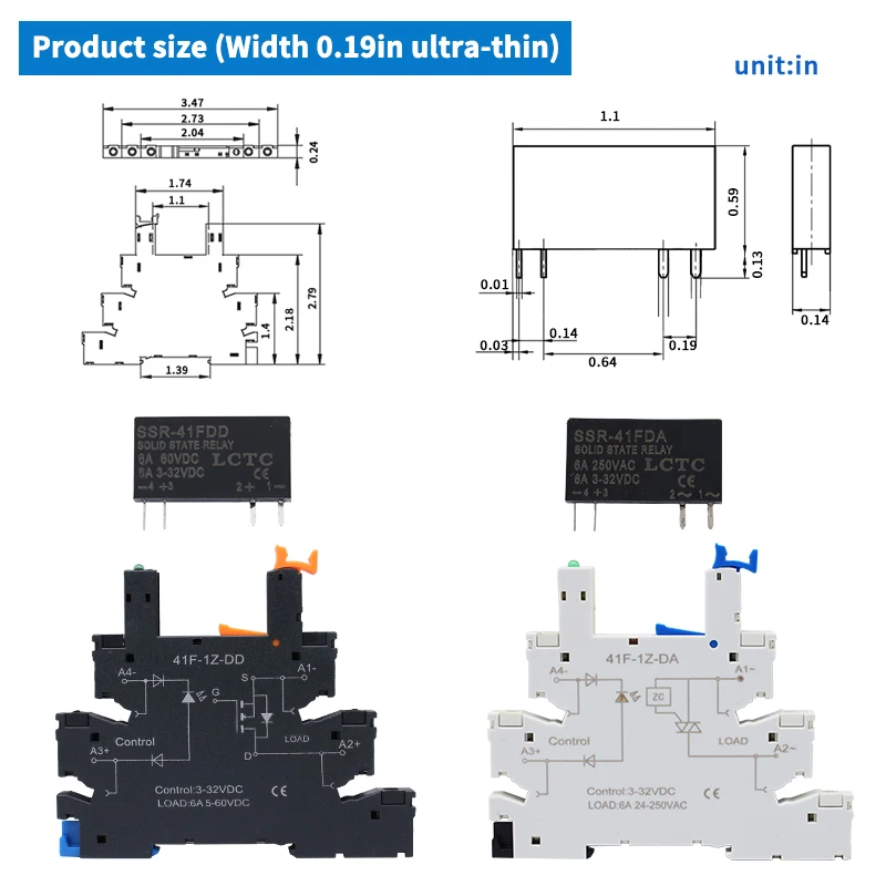 LCTC 10PCS Slim Relay SSR Non-contact DIN Rail Terminal Solid State Relay Module DC TO AC DC TO DC LED 6A SSR-41FDA SSR-41FDD