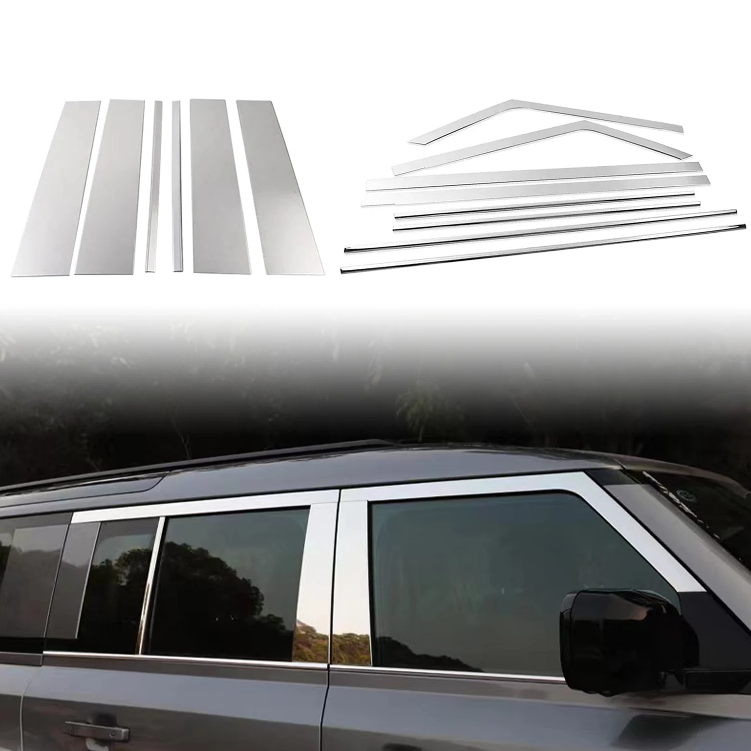 

For Land Rover Defender 110 2020-2025 Car Door Window Molding + Center Pillar Frame Decorative Cover Steel Chrome 14pcs