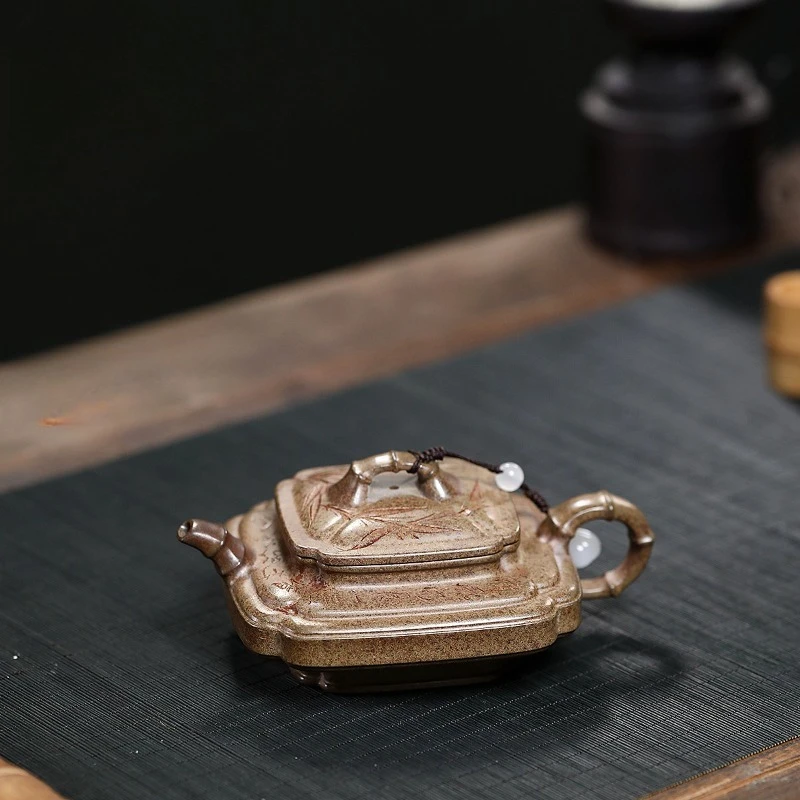 Yixing Zisha Teapot Set: Square “Bamboo Joint” Style, Hollow and Flattened, Made From Raw Clay