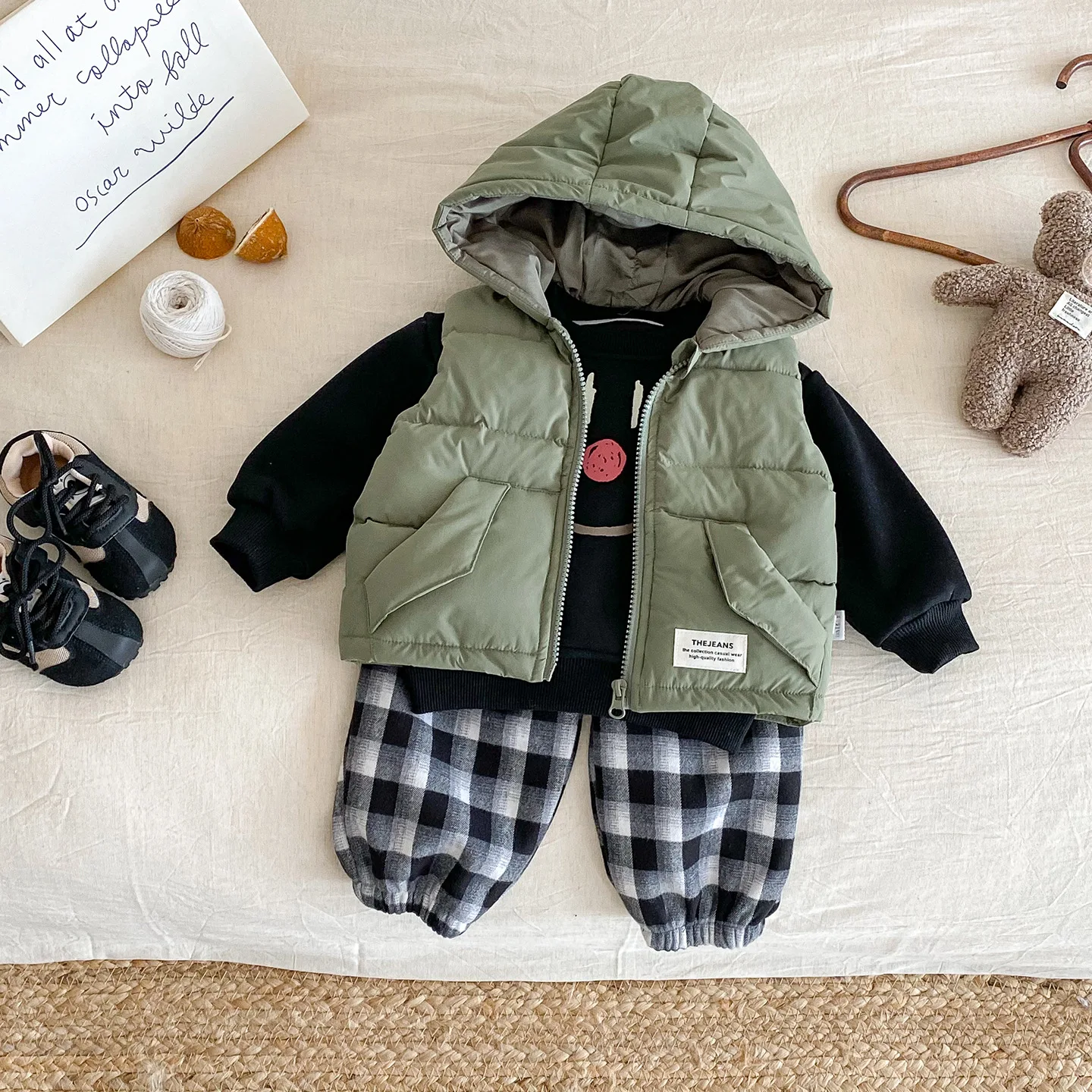 

Infant Baby Boy Clothes Set Winter Thick Warm Sleeveless Vest Cartoon Print Kid Boy Sweatshirt Plaid Mid Waist Toddler Boy Pants