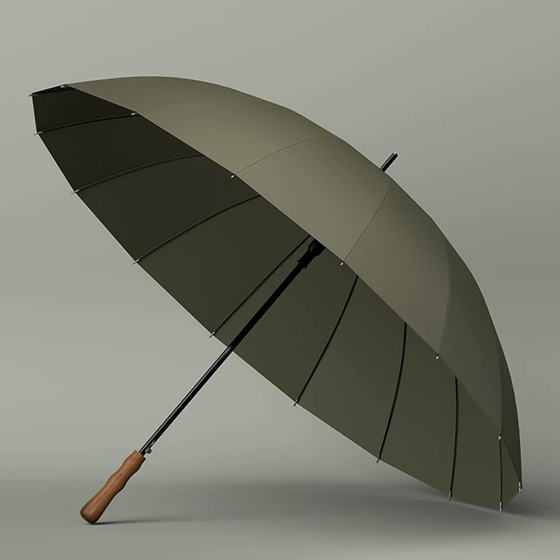 Luxury Big Wooden Long Handle Umbrella Men Women, 16 Bones Windproof Strong Large Golf Umbrella for Rain Business Style