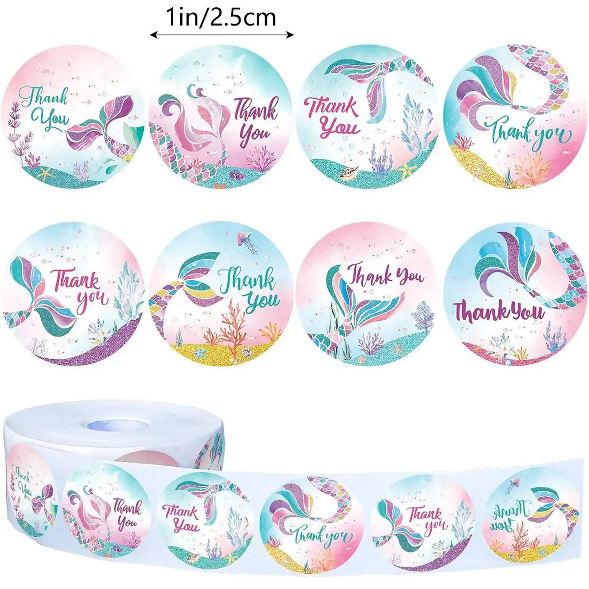 

500Pcs Thank You Stickers Roll - Colorful Mermaid Tail Coral Pattern Decal Labels for Baby Shower, Under The Sea Party Supplies