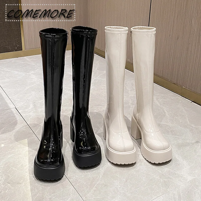 Woman's Knee-high Boots Chunky Heel Platform Patent Leather Winter Boots Round Toe Rear Zipper Fashion Versatile Black Knight PU