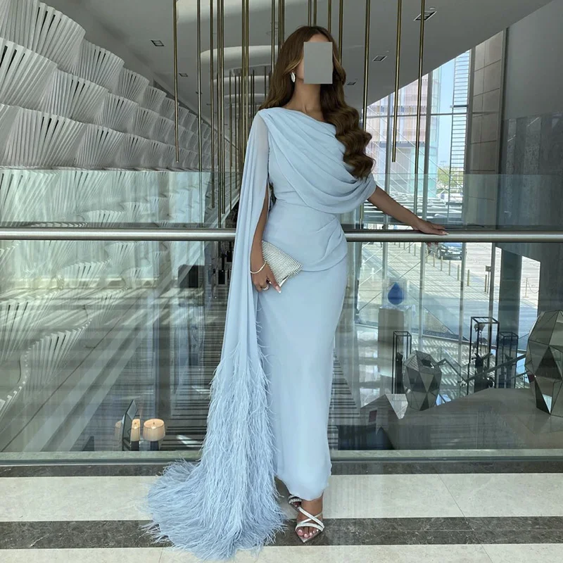 Sharon Said Light Blue Arabic Evening Dress with Feather Cape Luxury Dubai Formal Party Dress for Women Wedding SS312 Customized