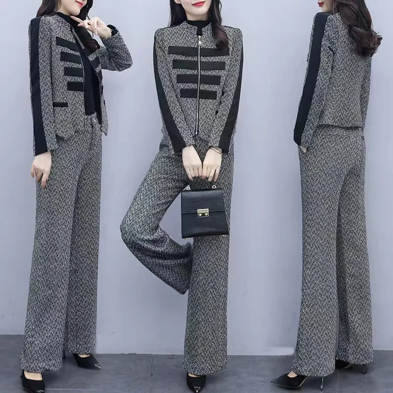 Autumn New Woolen Suit Women Set Western Short Coat Wide Leg Pants Two Piece Set 2024 Women\'s Woolen Set Korean Fashion 2PCS