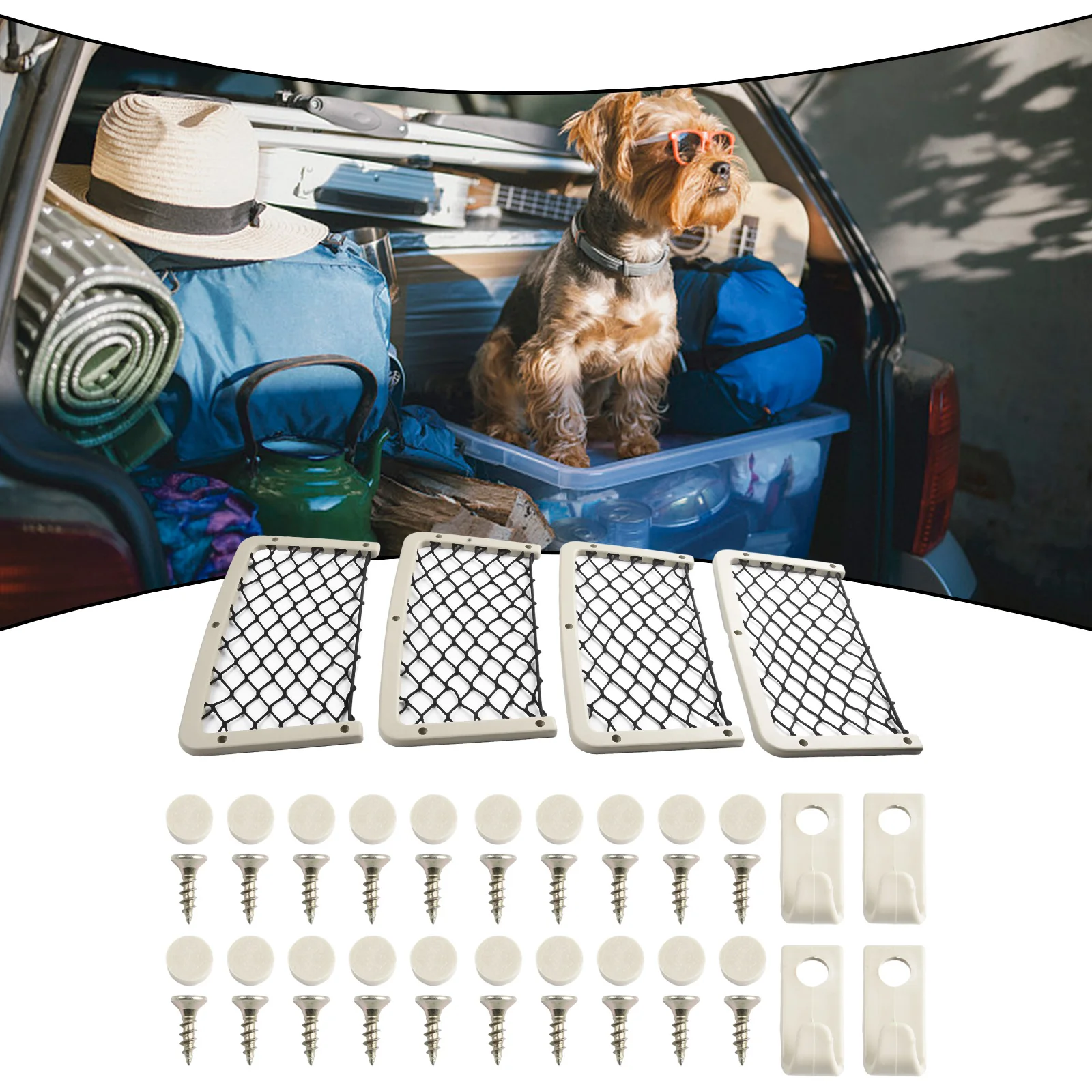 /4Pcs /Beige /Elastic Mesh Cargo Net Bag 18x36cm Car Back Seat Storage Pocket Organizer Luggage Holder For Camper RV Truck Boat