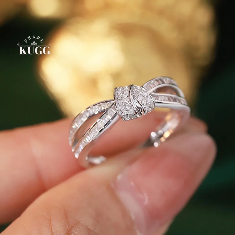 KUGG 100% 18K White Gold Rings Elegant Bowknot Design 0.40carat Real Natural Diamond Ring for Women High Engagement Jewelry