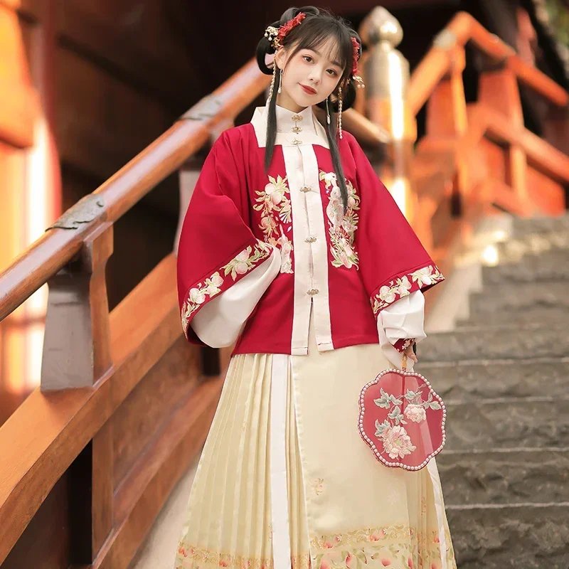 2 Colors Chinese Style Square-cut Collar Hanfu Dress Set Elegent Half Sleeve Coat Underwear Shirt Ming Dynasty Horse Face Skirt