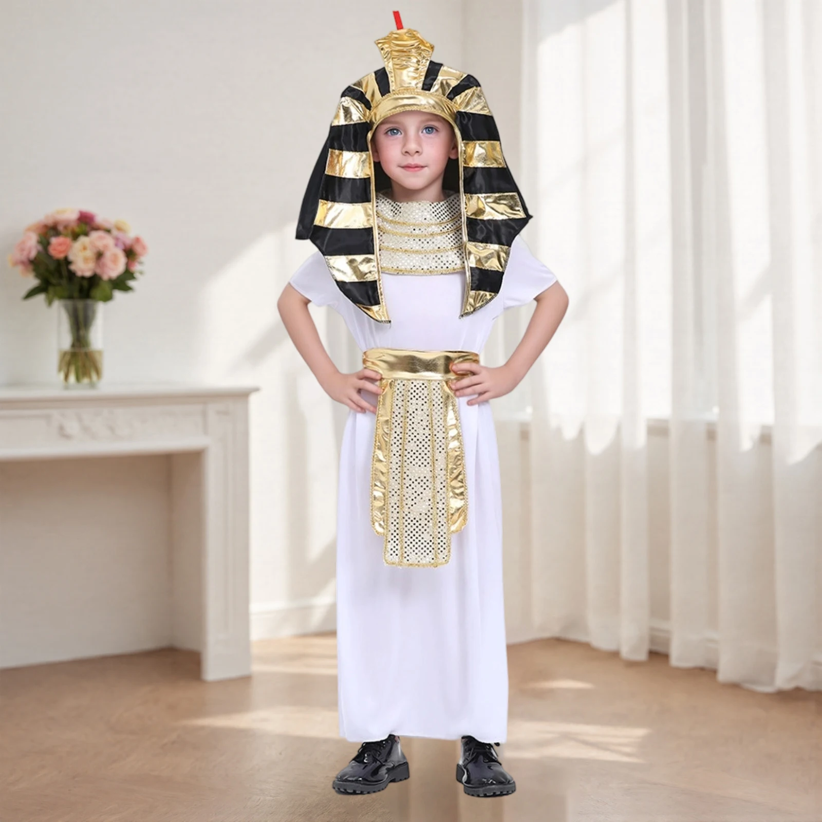 Conjunto de Disfraces Egipcios para Niños de 4 a 10 Años, Túnica de Manga Corta, Cuello, Cinturón, Sombrero de Faraón, Ropa de Cosplay para Fiestas y Escenarios