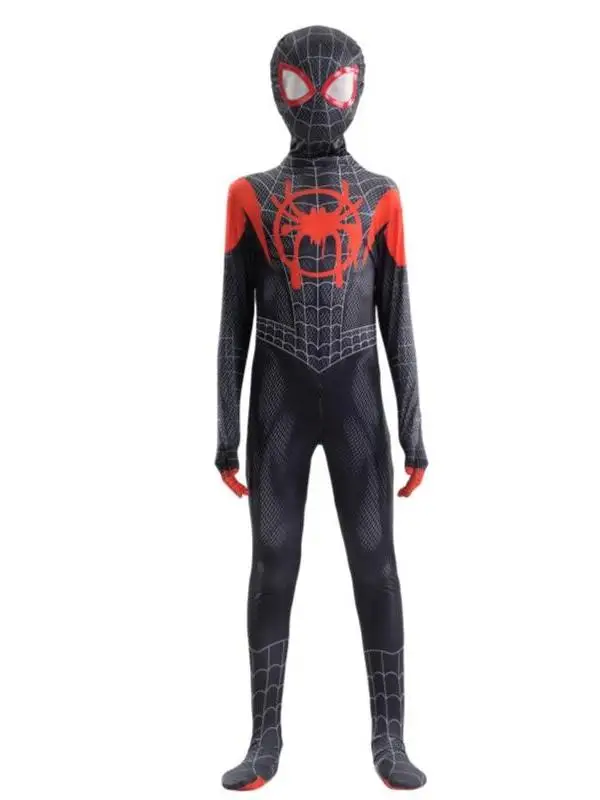 ชุดคอสเพลย์สไปเดอร์แมนสำหรับเด็ก ชุดรัดรูปสำหรับฮาโลวีน ชุดฮีโร่ไมล์ส วัสดุ PU สำหรับการแสดง