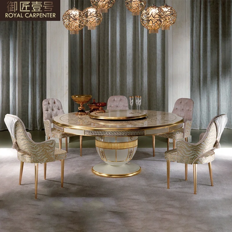 Luxury European solid wood carved round table cloth dining chair home dining table restaurant dining table chair combination