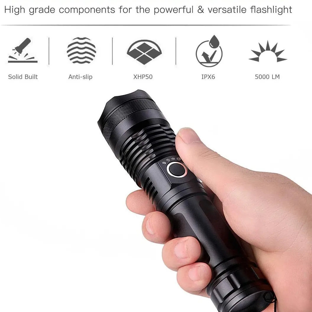 

5PCS New P50 Strong Light Flashlight Aluminum Alloy Telescopic Zoom Usb Charging Battery Display High Power Flashlight
