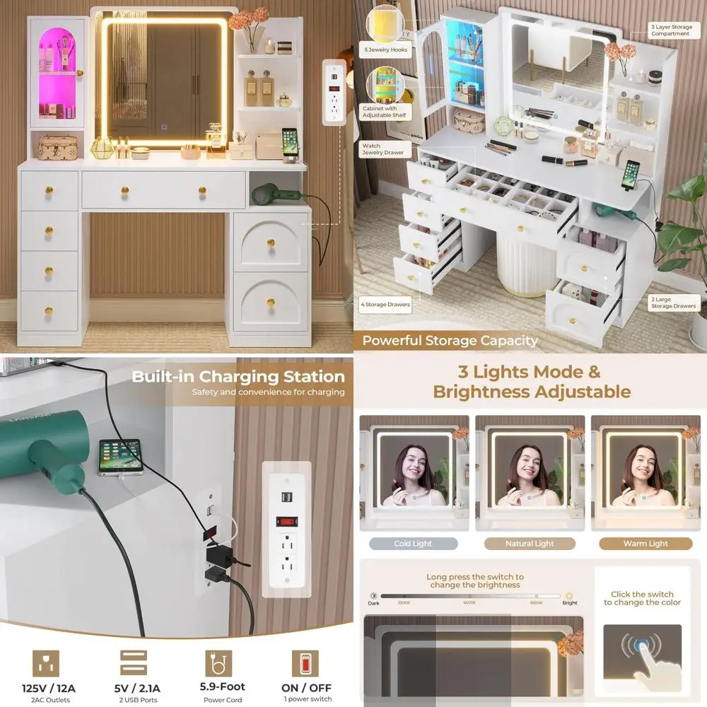 مكتب زينة أبيض مضيء مع 7 أدراج ومرآة ومنفذ شحن وخزانة زجاجية rgb #1