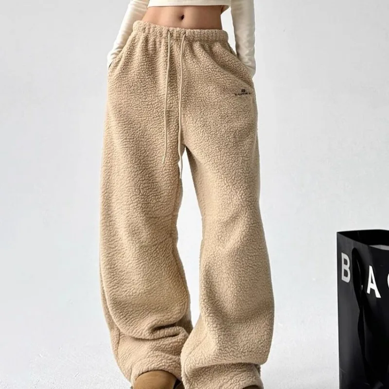 QWEEK Y2k Casual Winter Sweatpants Woman Oversize Korean Popular Harajuku Thick Pants Autumn Warm Khaki Wide Leg Trousers 2024