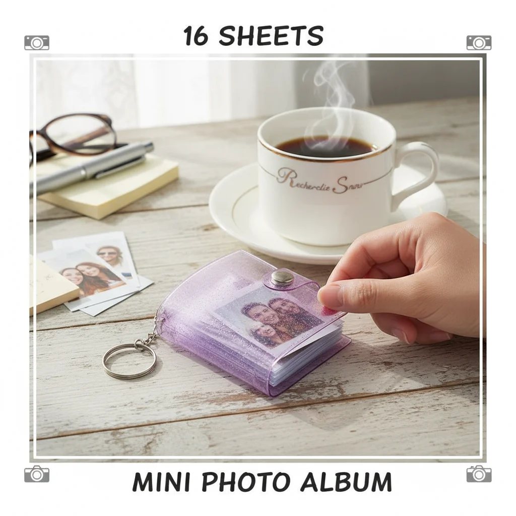 16 Sheets Cute Mini Keychain Photo Album 1 Inch Snap Button Pocket Folders Journal Note Material Paper Storage Book Stationery