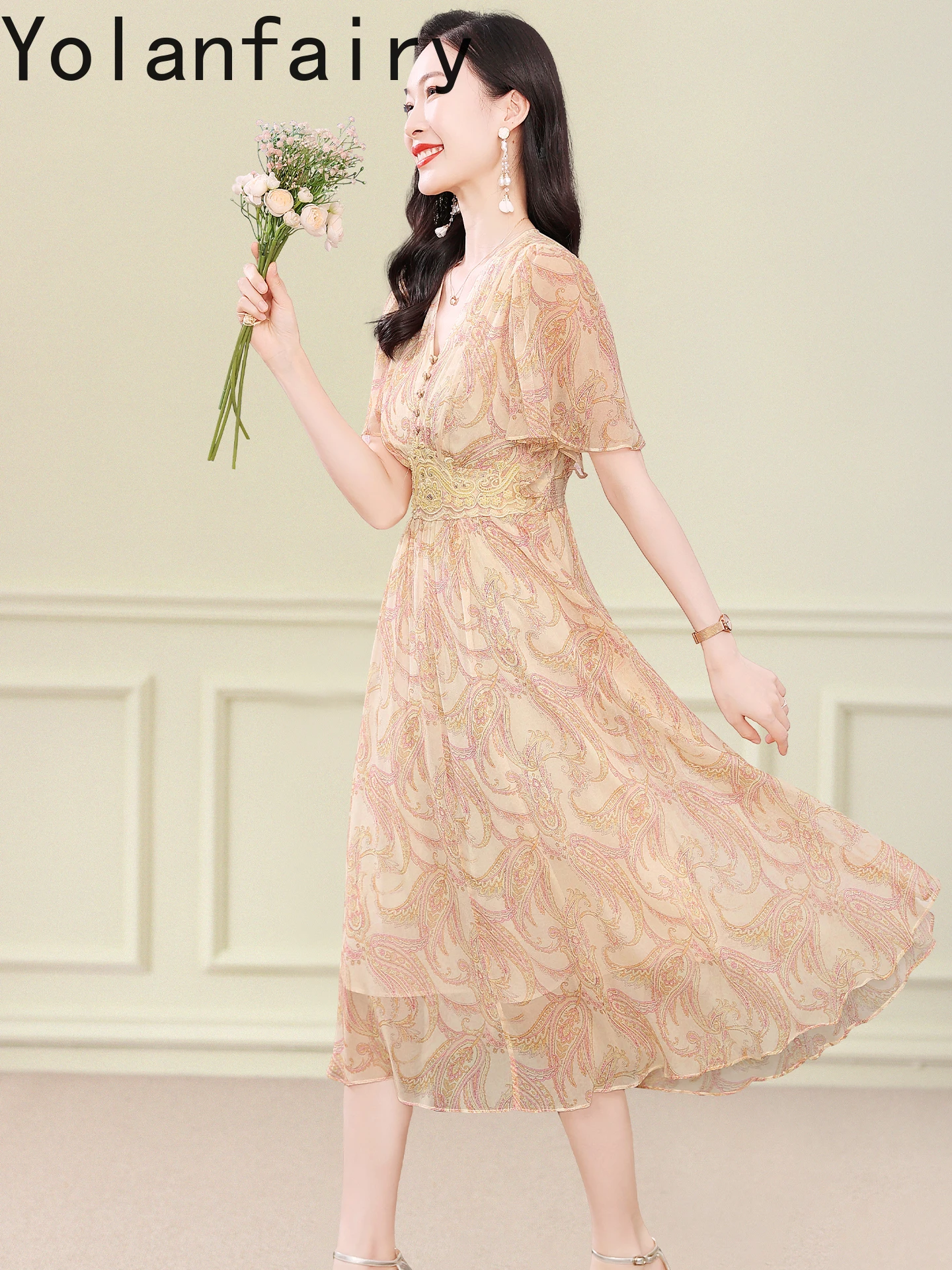 YOLANFAIRY Fashion 100% Natural Mulberry Silk Women Dress Summer Luxury Cinched Waist Dresses Woman V-neck Floral Beach Dress