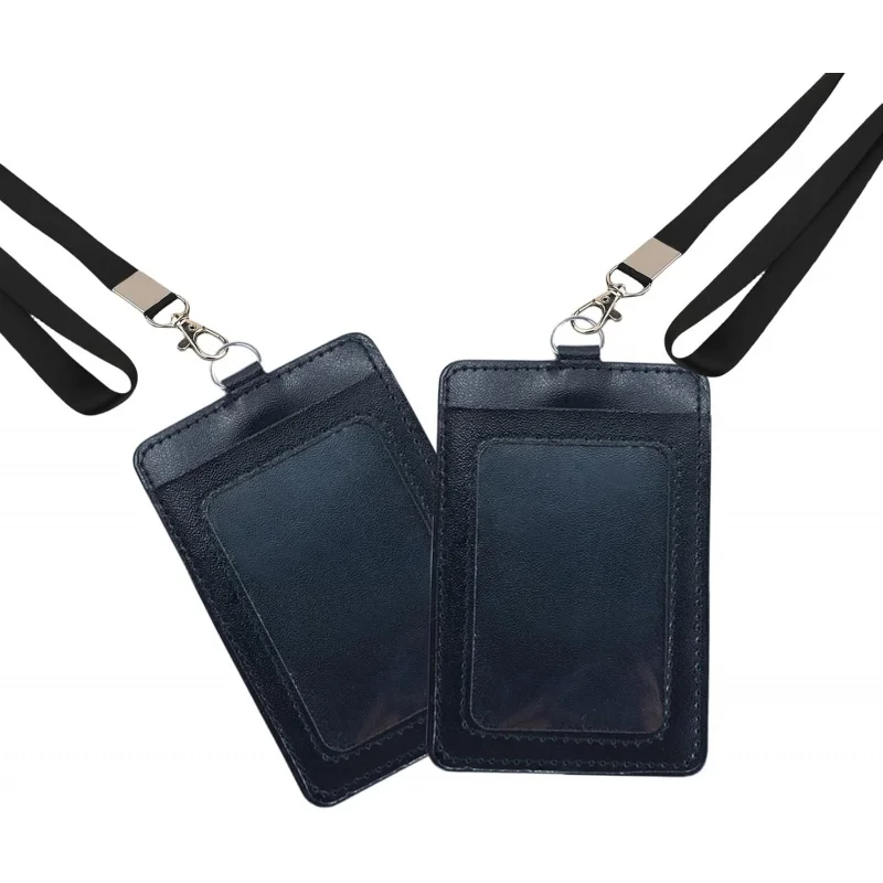 2 Vertical packaging PU Leather ID card holder,With a lanyard and 2 A card slot,Transparent window name badge holder,Suitable fo