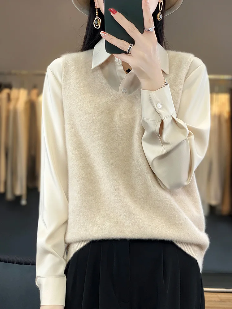 2024 Spring New Women V-neck Sleeveless Pullover Waistcoat 100% Merino Wool Sweater Soft Casual Cashmere Knitwear Korean Fashion