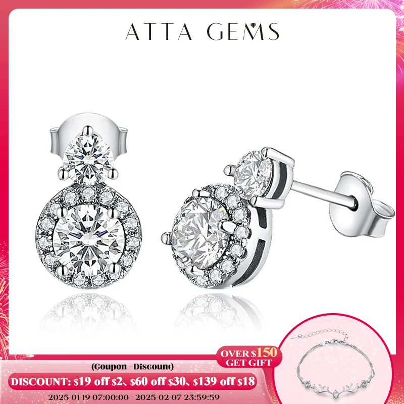 ATTAGEMS New VVS1 D Color Round Cut Earrings for Women Test Passed Moissanite Diamond 925 Sterling Silver Earrings Fine Jewelry