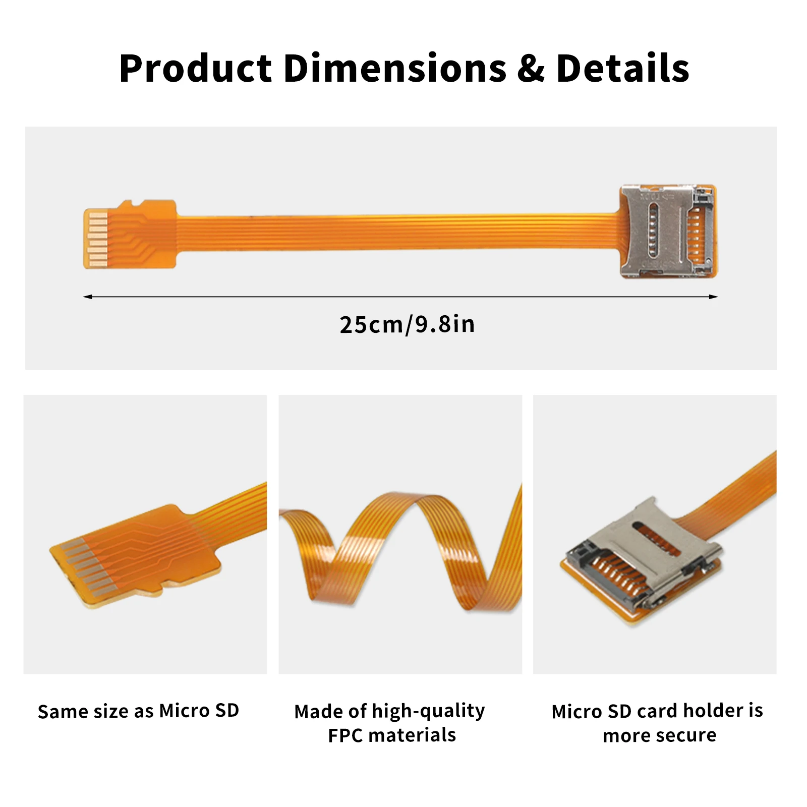 Cable de extensión de tarjeta Micro SD macho a hembra, adaptador de tarjeta TF, lector de tarjetas MicroSD FPC (9,8 pulgadas/25cm)