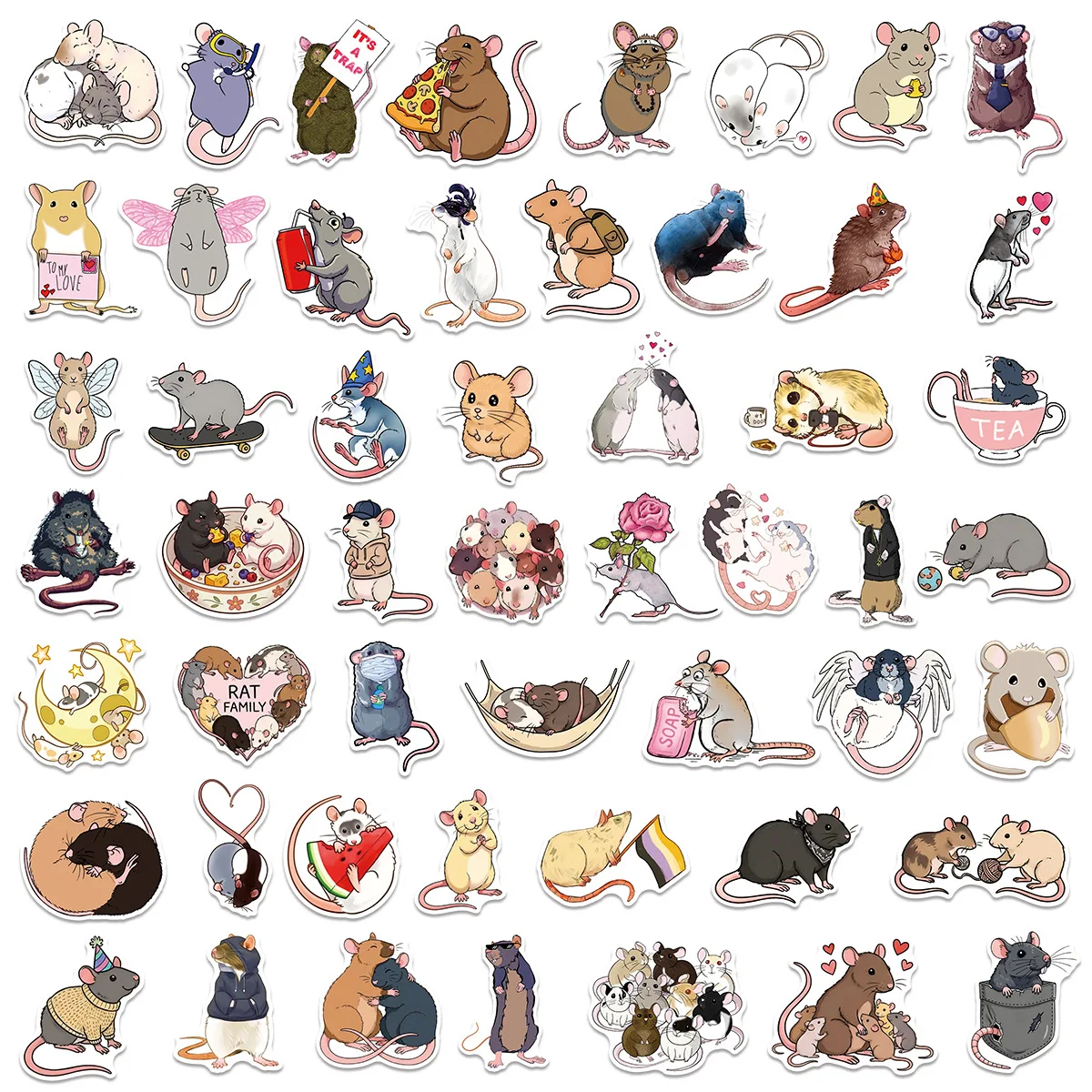 50/100 Pcs Cartoon Funny Rat Stickers School DIY Game for Suitcase Notebook Skate Cup Removable Waterproof Decals