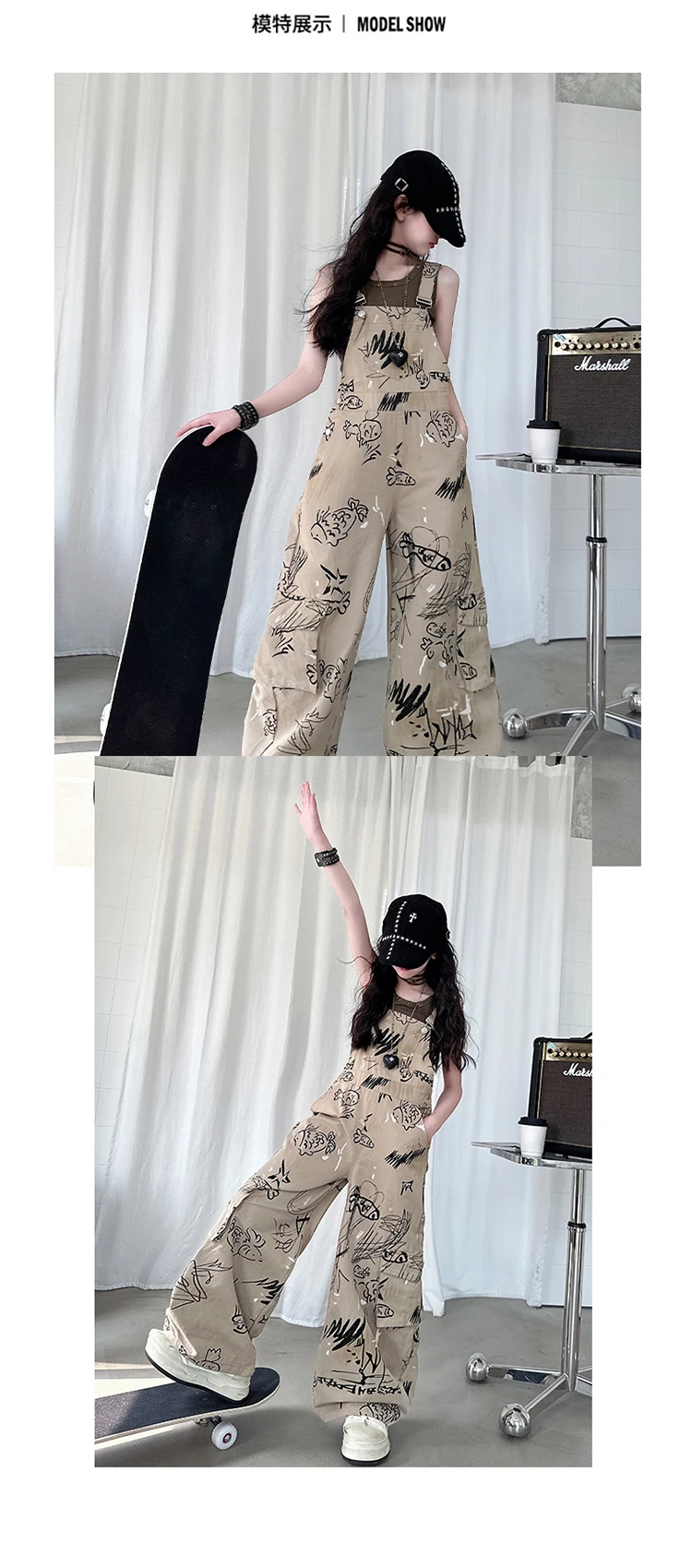 Kinder Vintage Americana Street Style Latzhose mit Zeichnungen für Mädchen, modische khaki-farbene Latzhose mit Hosenträgern. – Detail 2