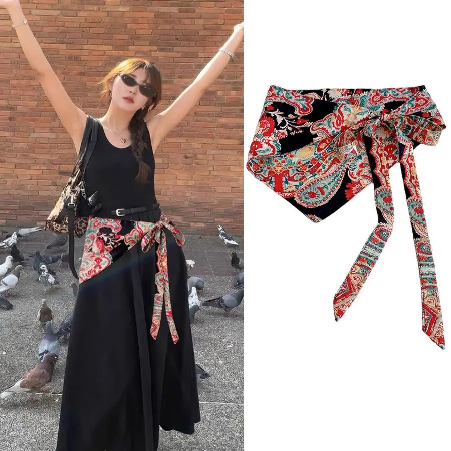 Bufanda triangular de flor de anacardo, ropa apilada para mujer, accesorios de alta gama, bufanda de seda de estilo étnico, cinturón, sello de cintura.