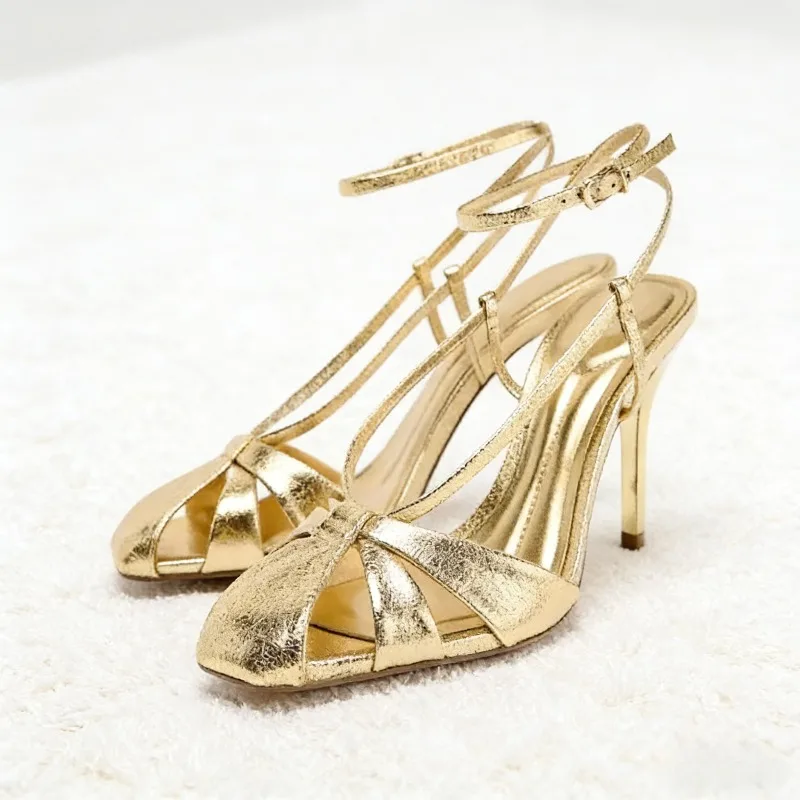 

Роскошные золотые сандалии-гладиаторы на каблуке, женские летние пикантные дизайнерские туфли на высоком каблуке с ремешком на щиколотке и пряжкой ROME, элегантное банкетное платье