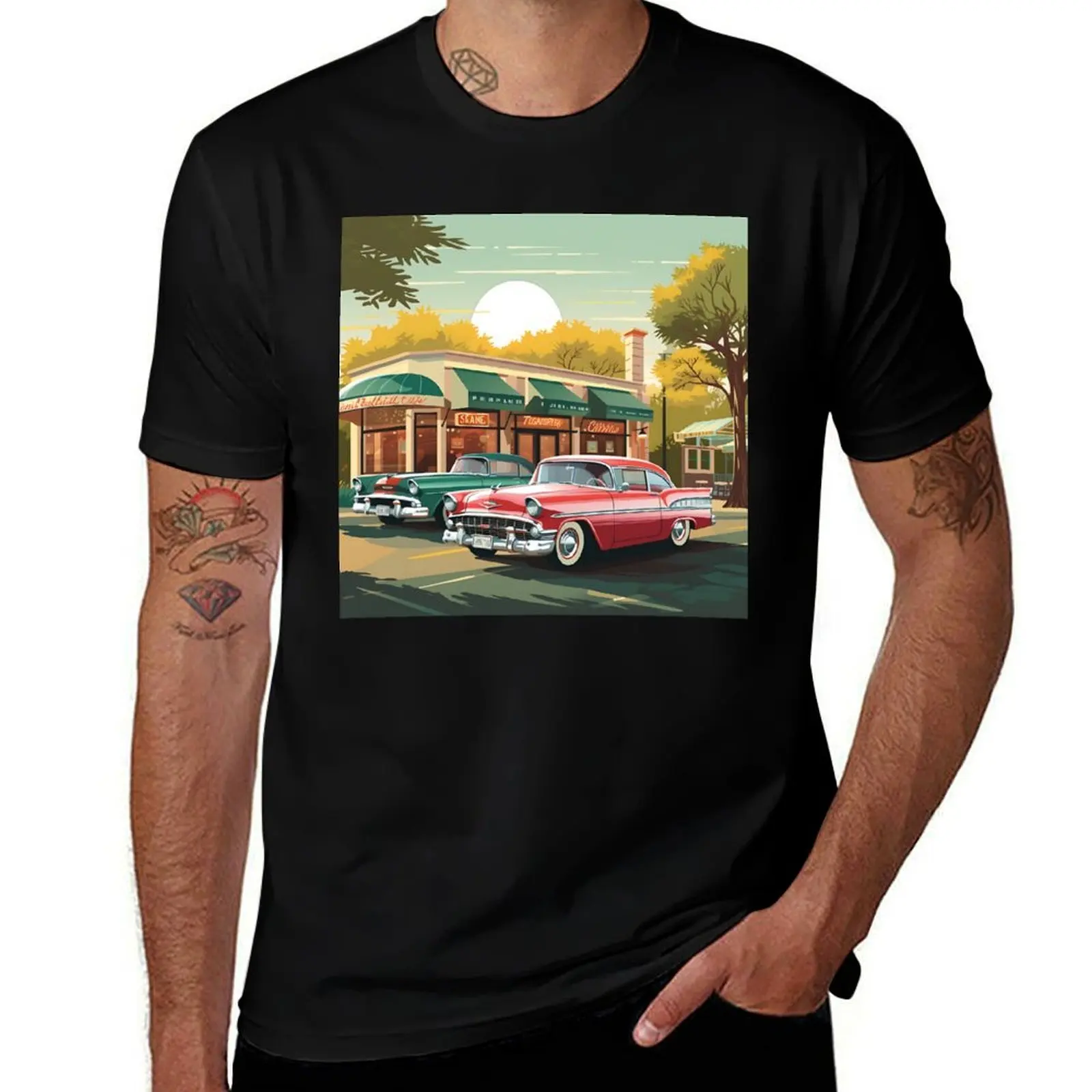 

Vintage diner scene with classic cars – nostalgic Americana charm. T-Shirt blanks Clothing Men's t shirts