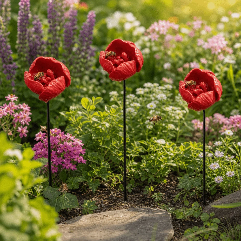 3 pcs Flower-Shaped Bee Butterfly Water Dispenser Ceramic DIY Insect Drinking Cup Garden Decoration Gifts Artificial Flower