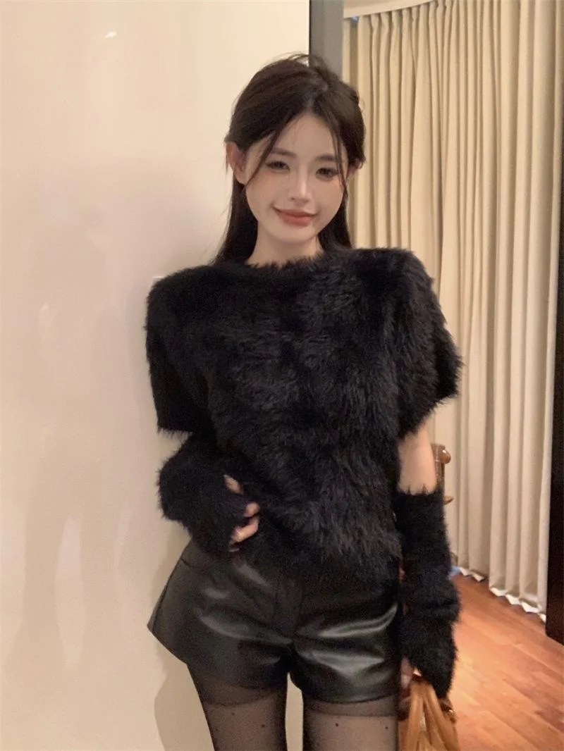 

Вязаный свитер со съемными рукавами, женская корейская одежда, зимняя плюшевая флисовая пушистая свободная утолщенная морозостойкая домашняя одежда средней длины