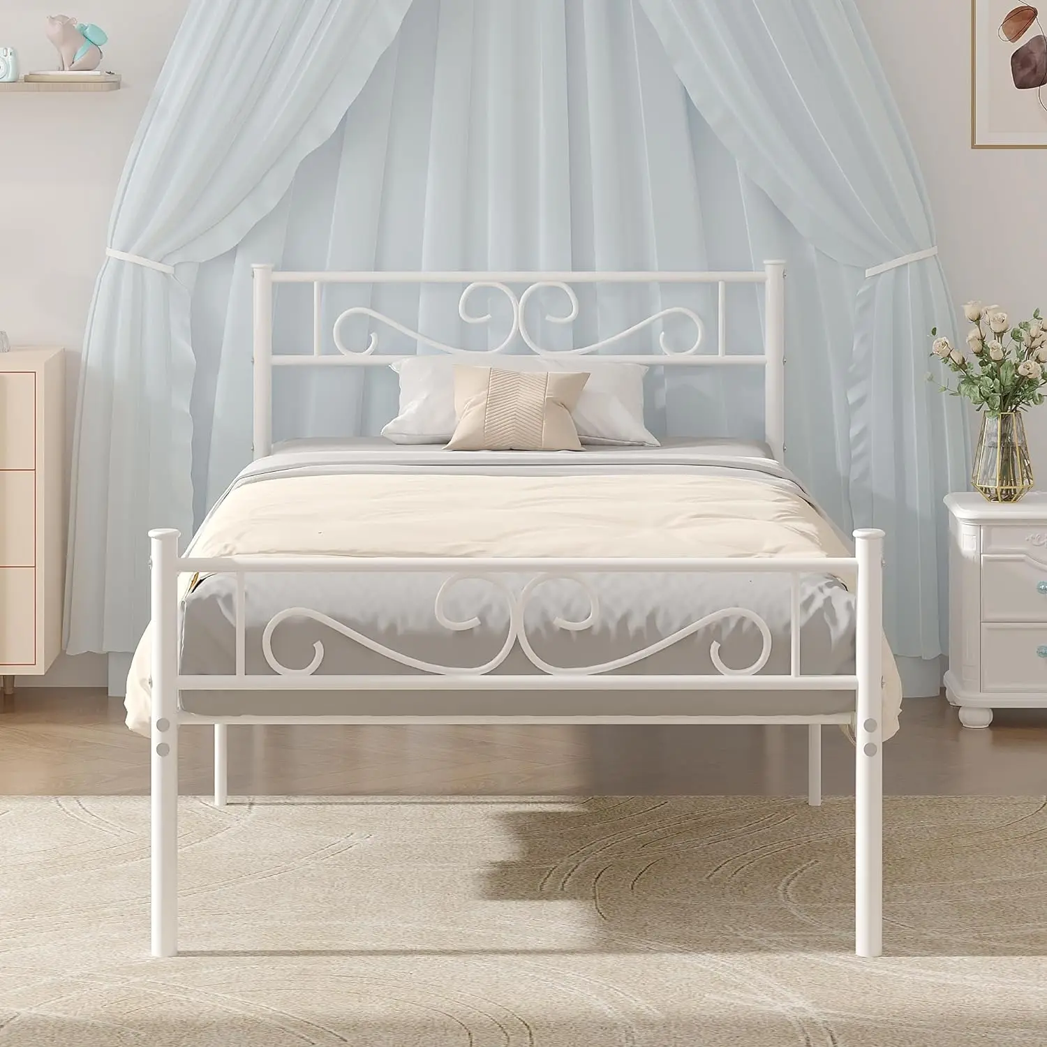 

Double bed frame with headboard, 14-inch metal platform mattress base, squeaky resistant, easy to assemble, white