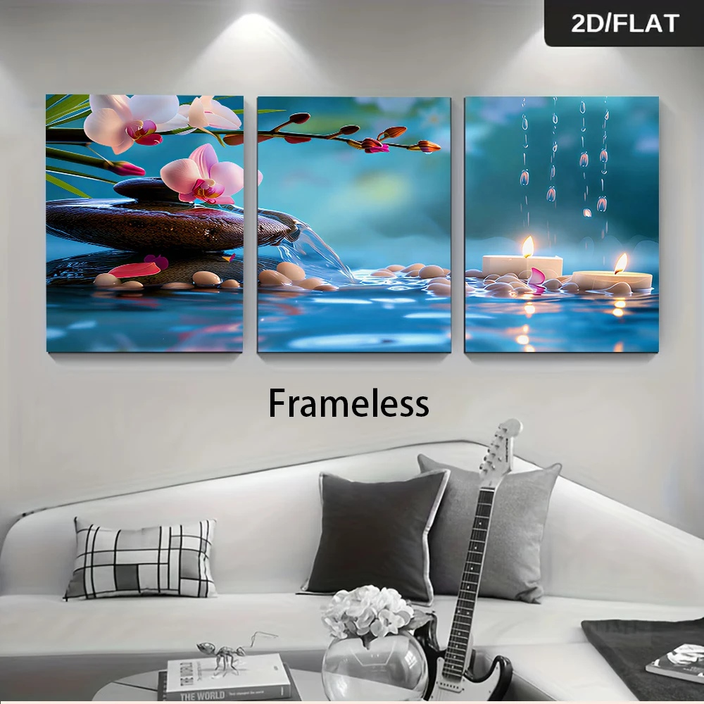 3PCS Frameless(2D flat.)1 set of modern minimalist triple frameless painting, Zen-inspired flowing water orchid decorative paint